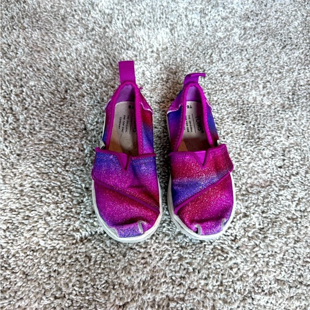 TOMS BABY GIRLS ALPARGATA SLIP-ON SHOES Pink and Purple shimmer SIZE: 6 TODDLER